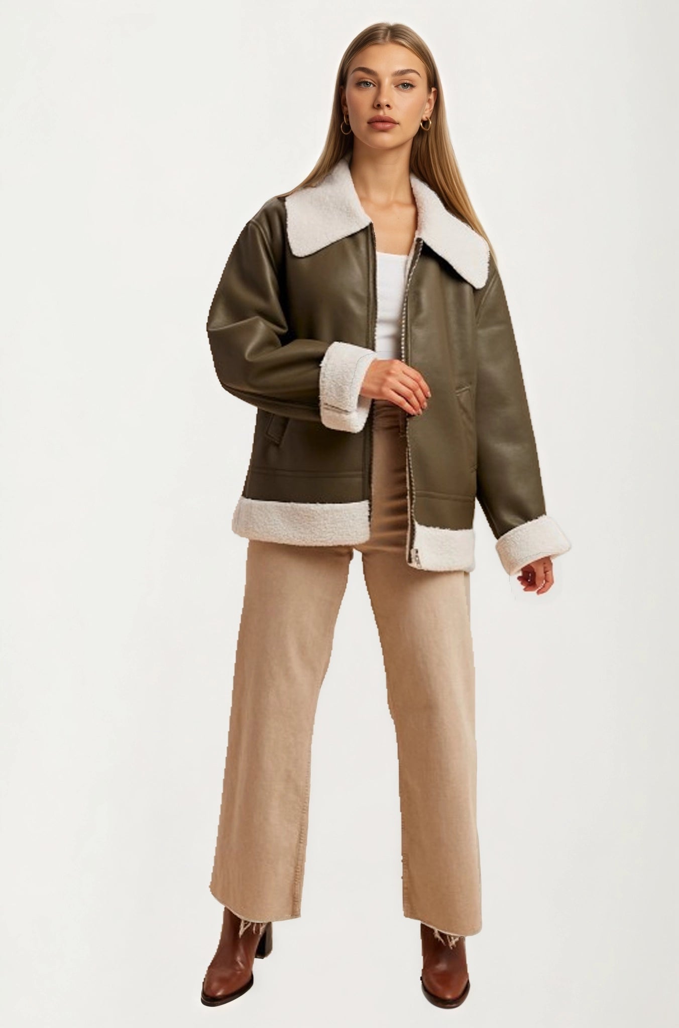 Faux Shearling Trim Moto Jacket with Zip Front Closure