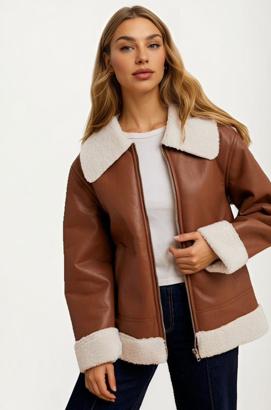 Faux Shearling Trim Moto Jacket with Zip Front Closure