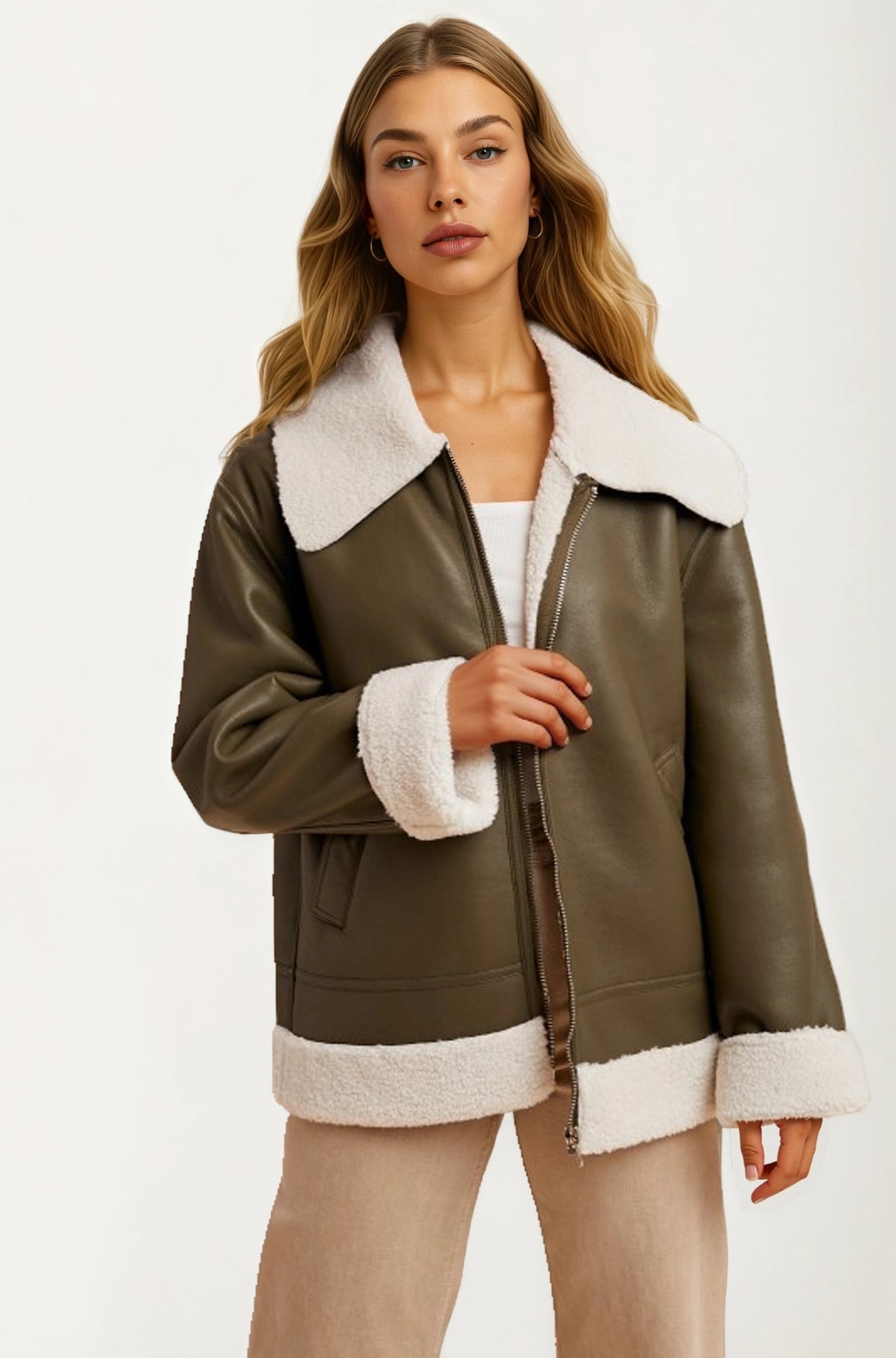 Faux Shearling Trim Moto Jacket with Zip Front Closure