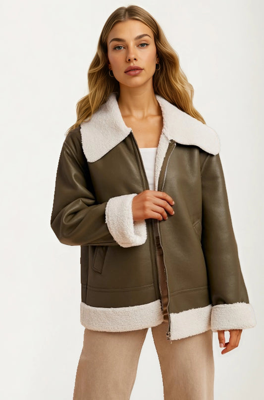 Faux Shearling Trim Moto Jacket with Zip Front Closure