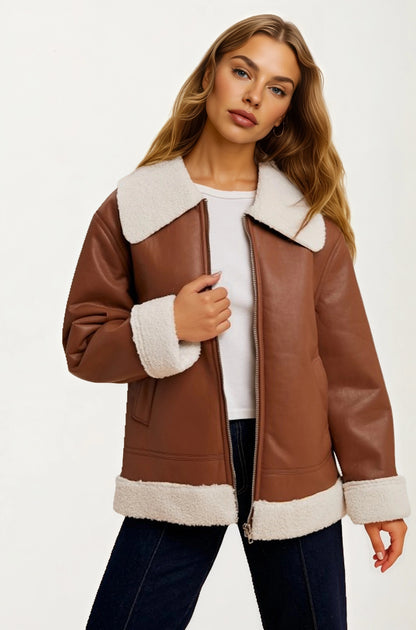 Faux Shearling Trim Moto Jacket with Zip Front Closure