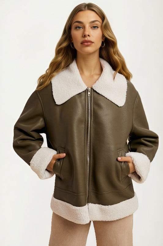Faux Shearling Trim Moto Jacket with Zip Front Closure