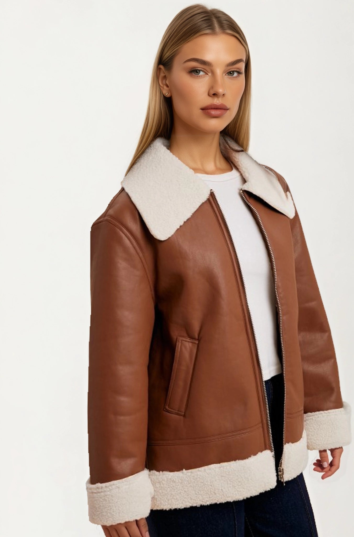 Faux Shearling Trim Moto Jacket with Zip Front Closure