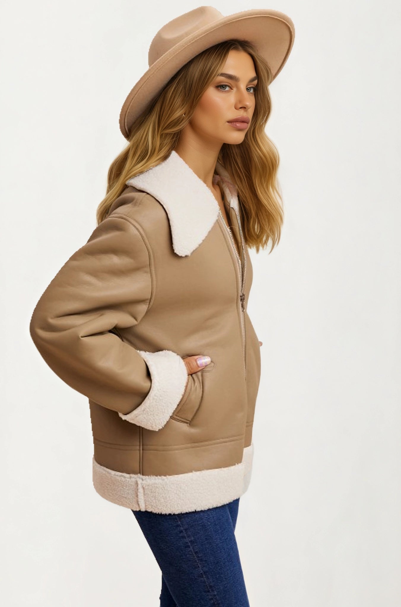 Faux Shearling Trim Moto Jacket with Zip Front Closure