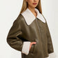 Faux Shearling Trim Moto Jacket with Zip Front Closure