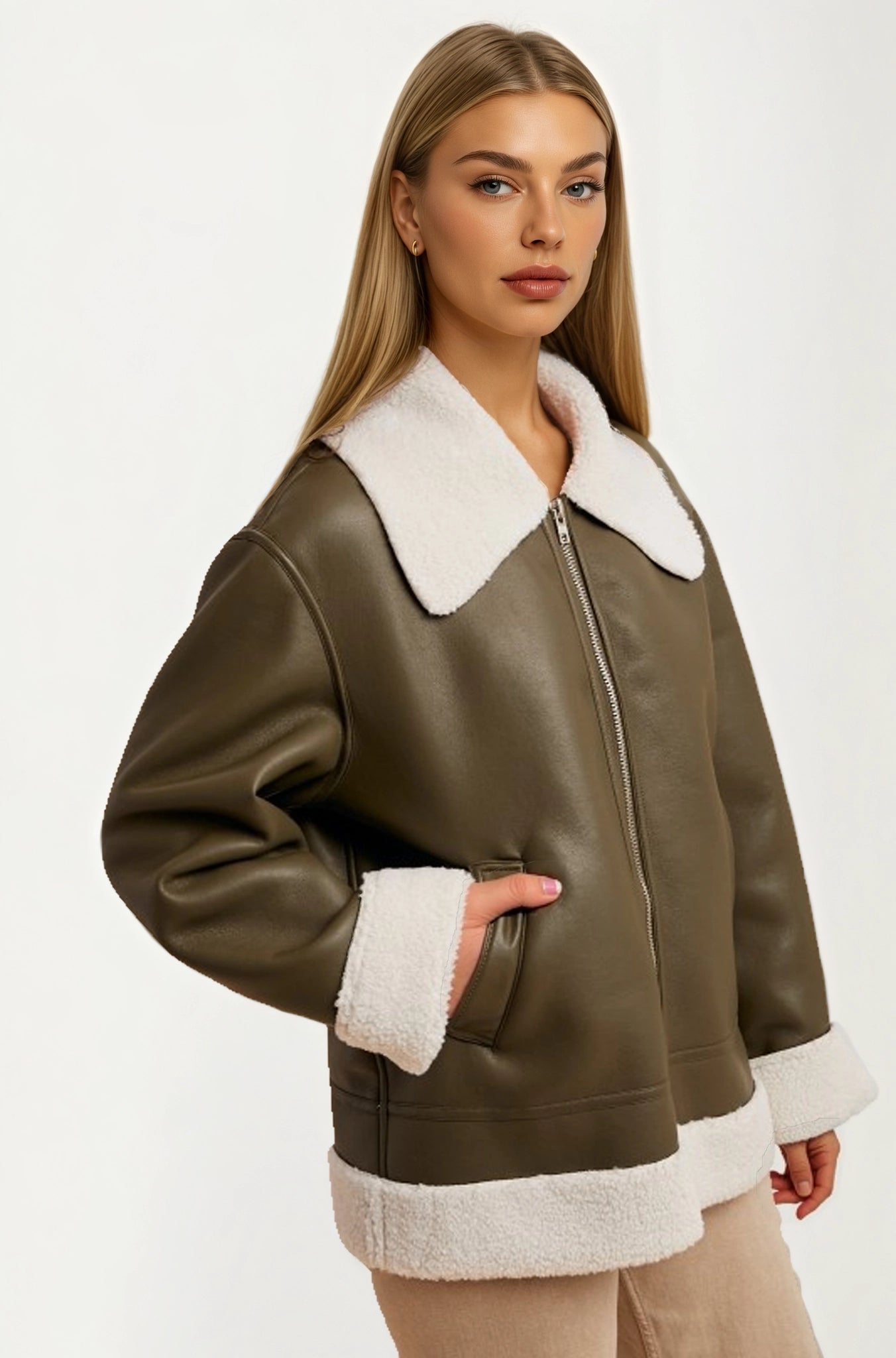 Faux Shearling Trim Moto Jacket with Zip Front Closure