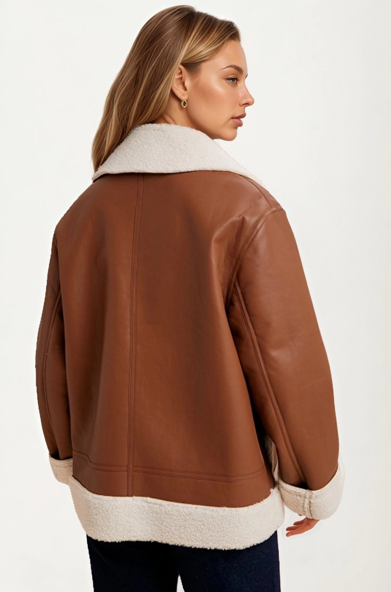 Faux Shearling Trim Moto Jacket with Zip Front Closure