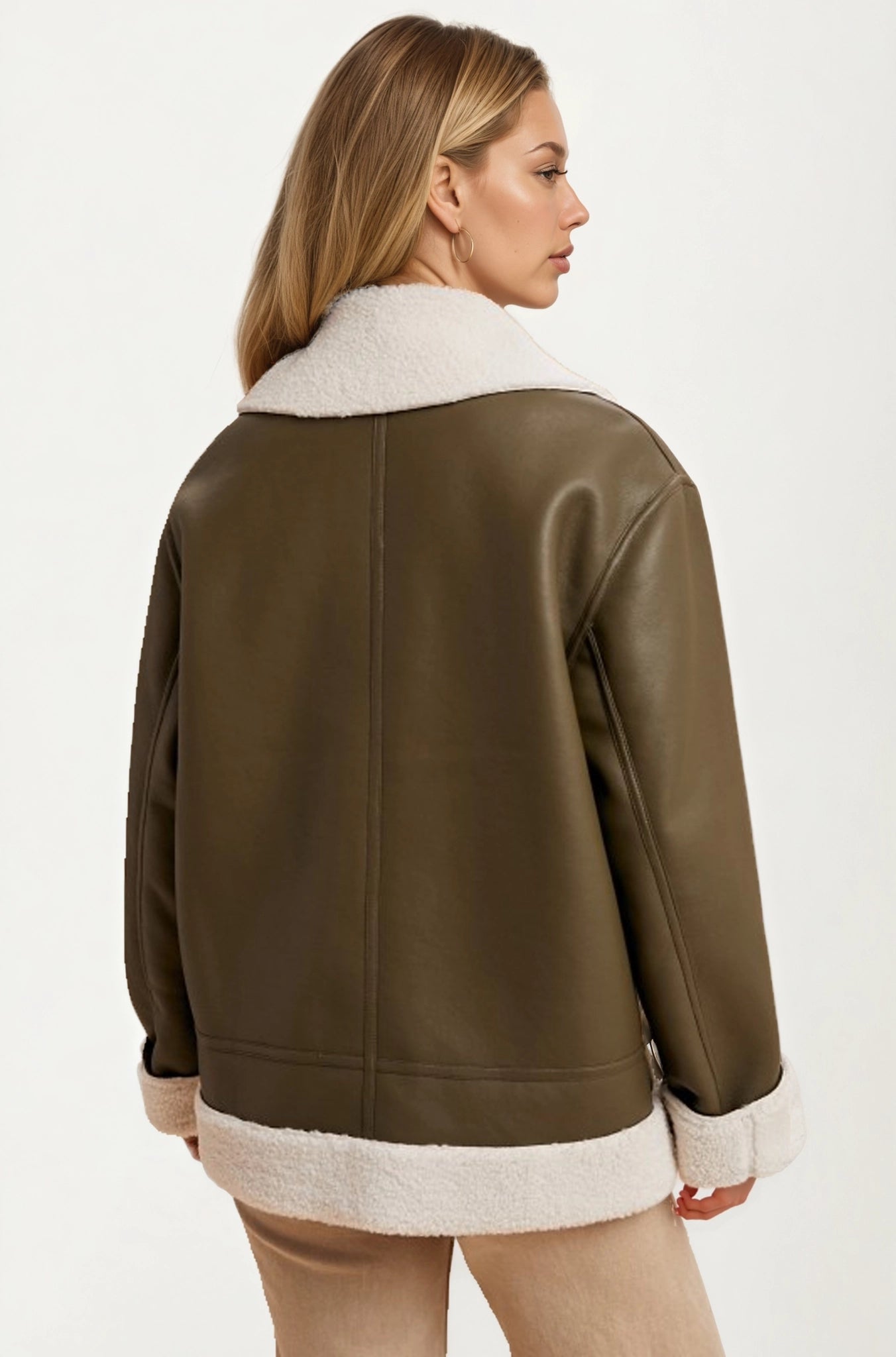 Faux Shearling Trim Moto Jacket with Zip Front Closure