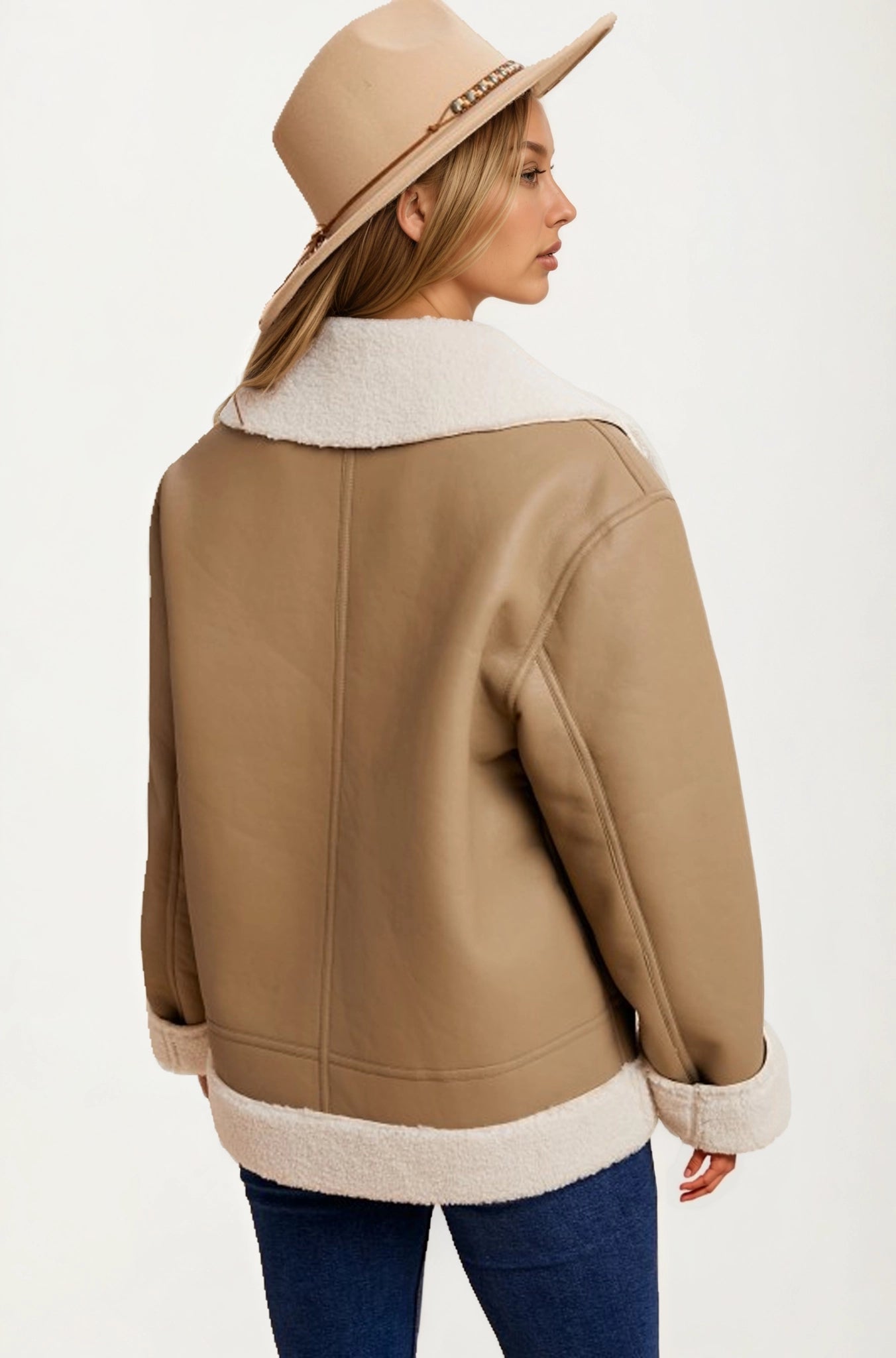 Faux Shearling Trim Moto Jacket with Zip Front Closure