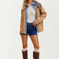 Patchwork Button-Up Jacket with Denim Trim and Floral Accents