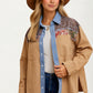 Patchwork Button-Up Jacket with Denim Trim and Floral Accents