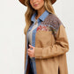 Patchwork Button-Up Jacket with Denim Trim and Floral Accents