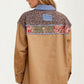Patchwork Button-Up Jacket with Denim Trim and Floral Accents