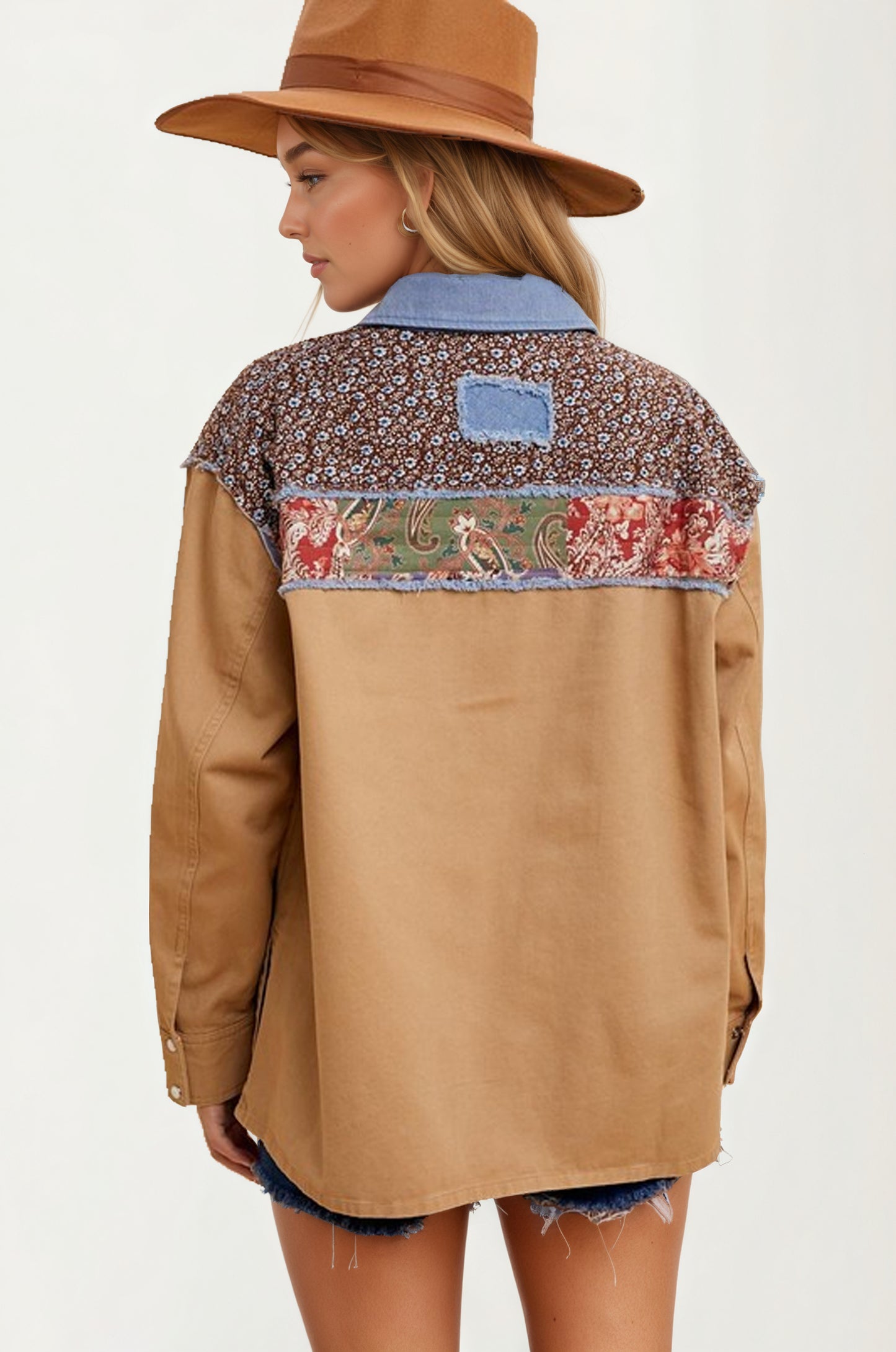 Patchwork Button-Up Jacket with Denim Trim and Floral Accents