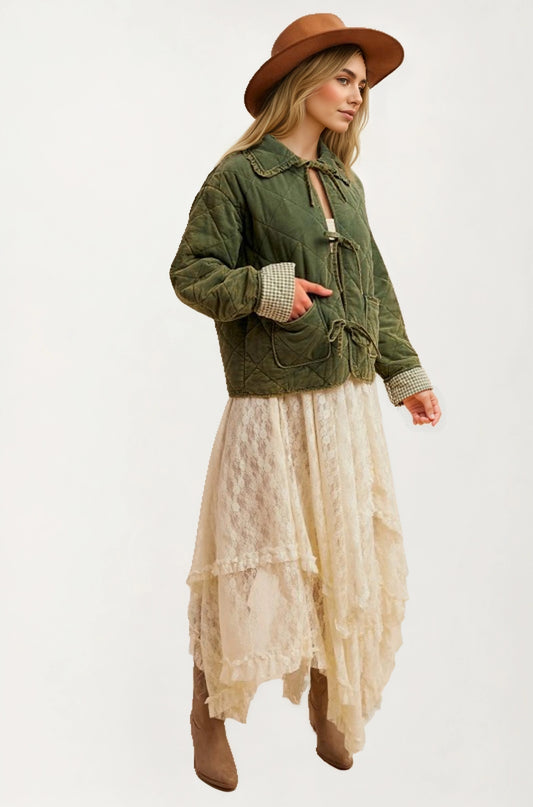 Quilted Tie Front Jacket with Gingham Cuff Detail