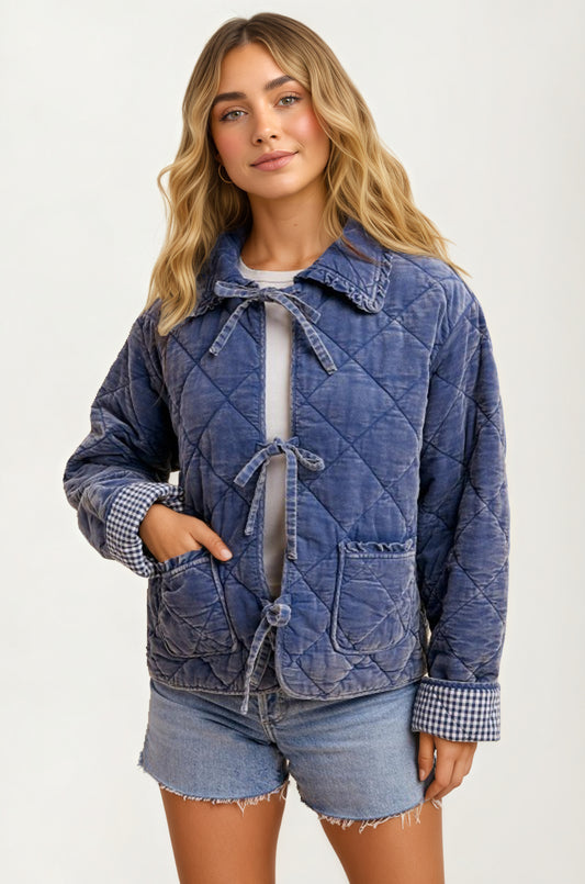Quilted Tie Front Jacket with Gingham Cuff Detail