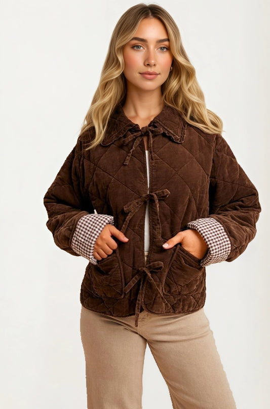 Quilted Tie Front Jacket with Gingham Cuff Detail