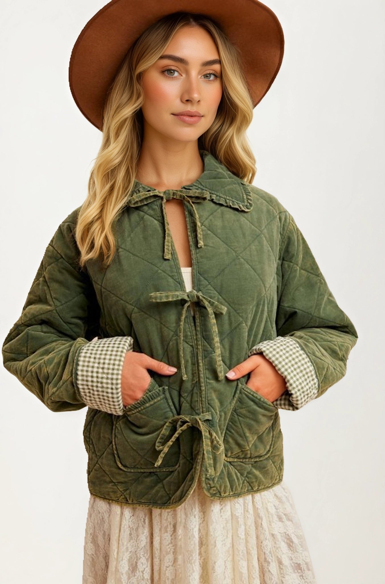 Quilted Tie Front Jacket with Gingham Cuff Detail