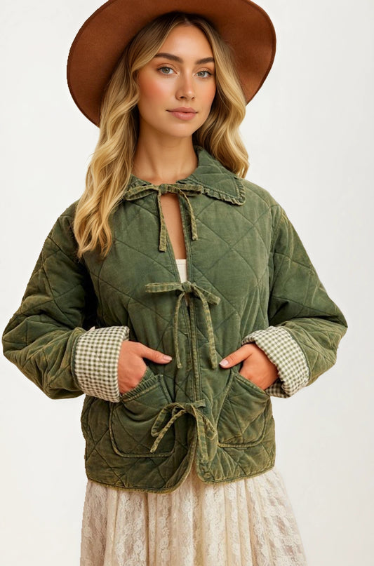 Quilted Tie Front Jacket with Gingham Cuff Detail