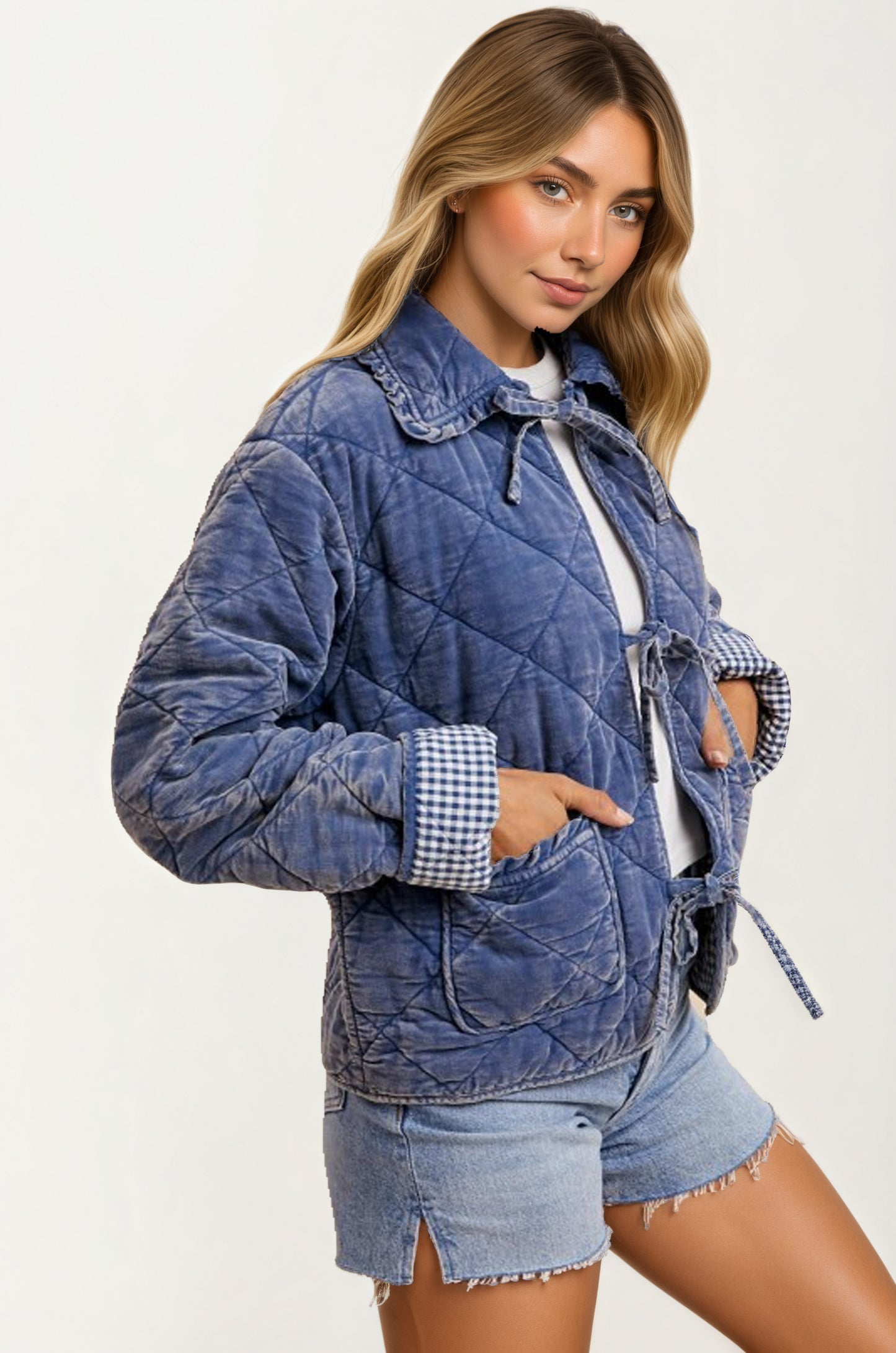 Quilted Tie Front Jacket with Gingham Cuff Detail