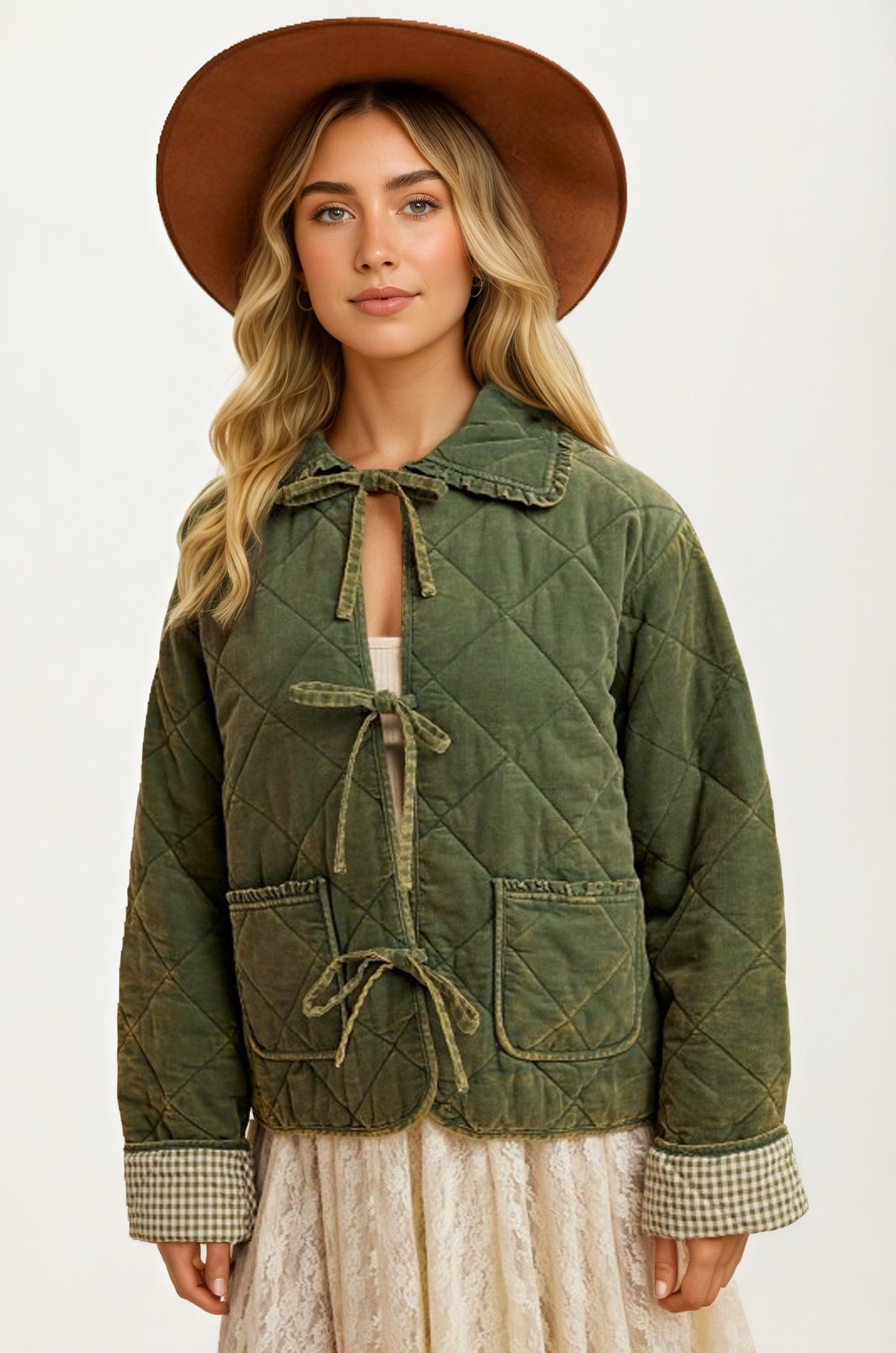 Quilted Tie Front Jacket with Gingham Cuff Detail