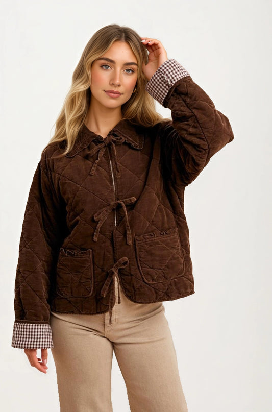 Quilted Tie Front Jacket with Gingham Cuff Detail