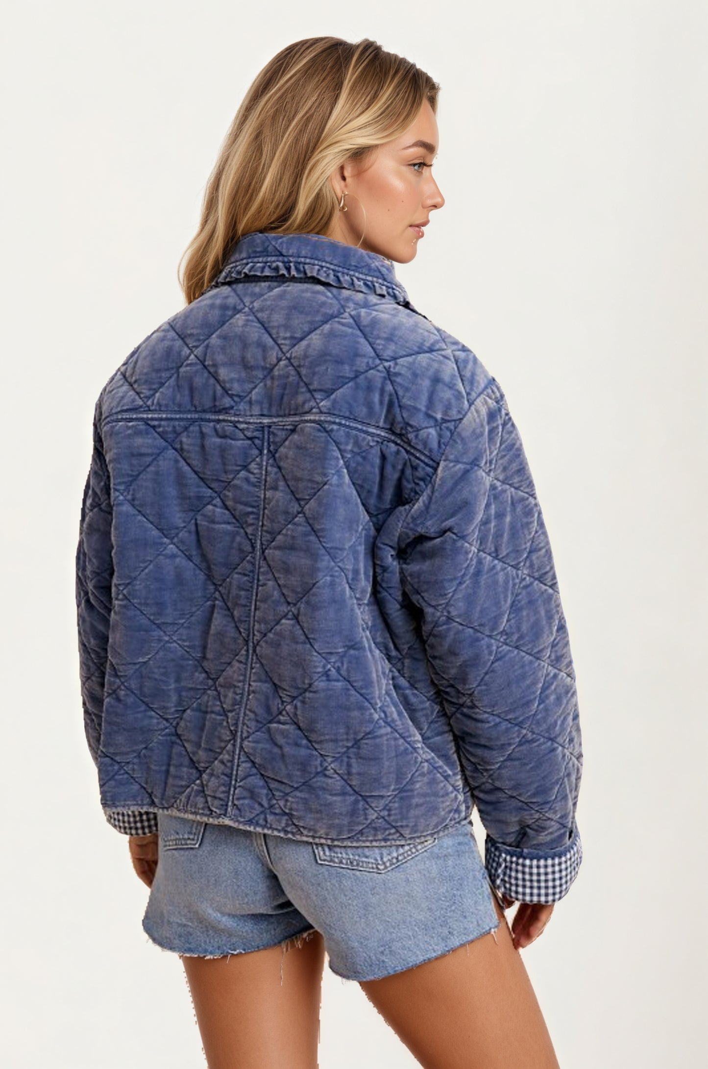Quilted Tie Front Jacket with Gingham Cuff Detail