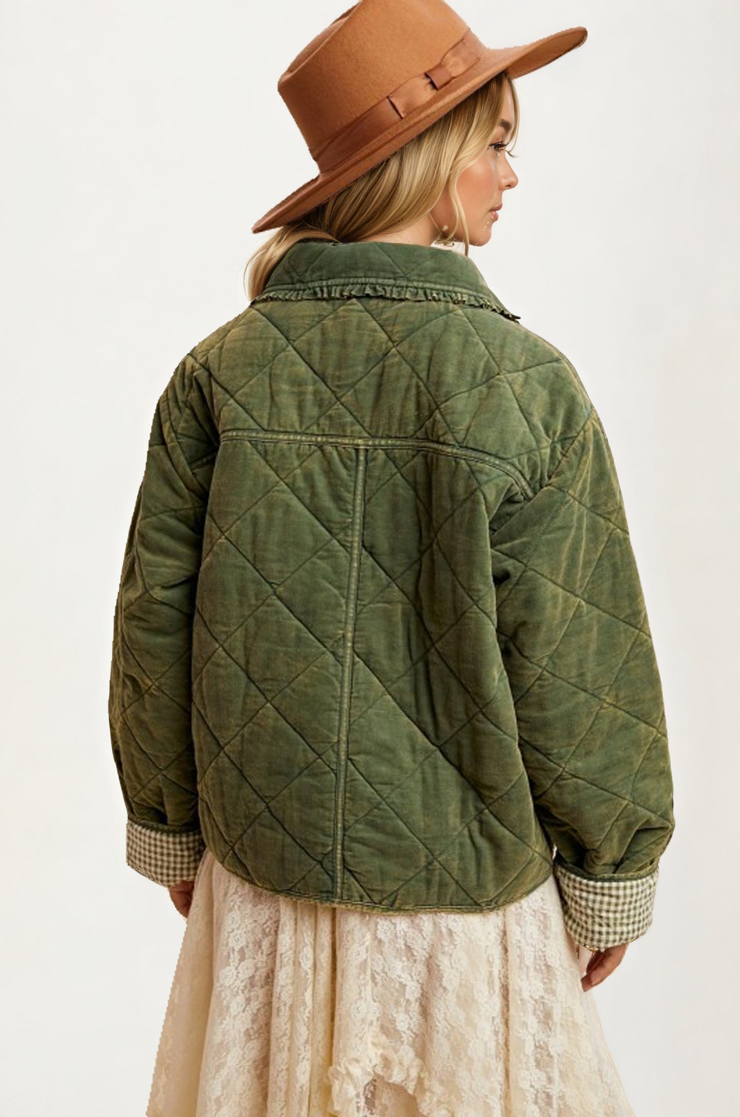 Quilted Tie Front Jacket with Gingham Cuff Detail