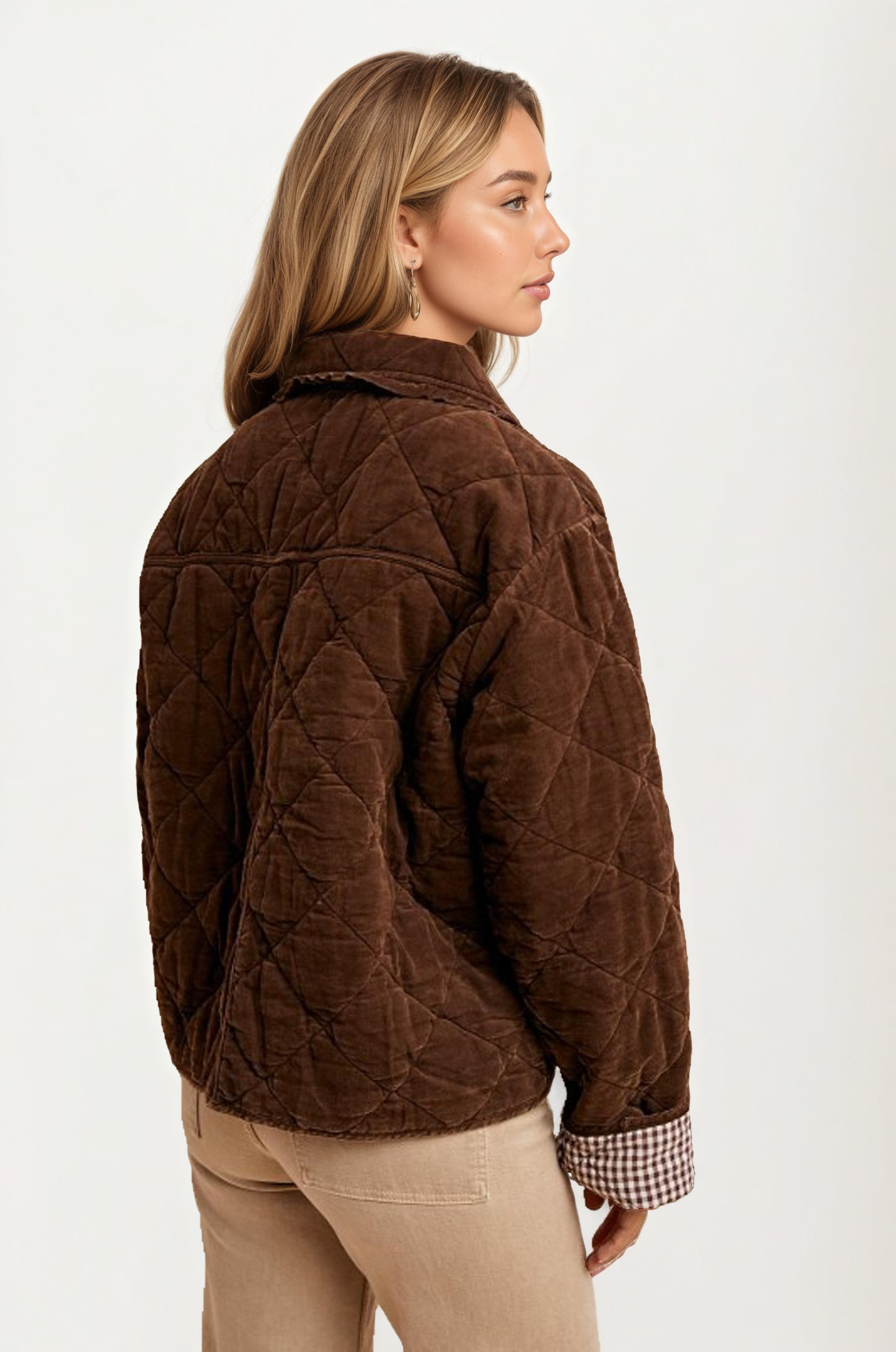 Quilted Tie Front Jacket with Gingham Cuff Detail
