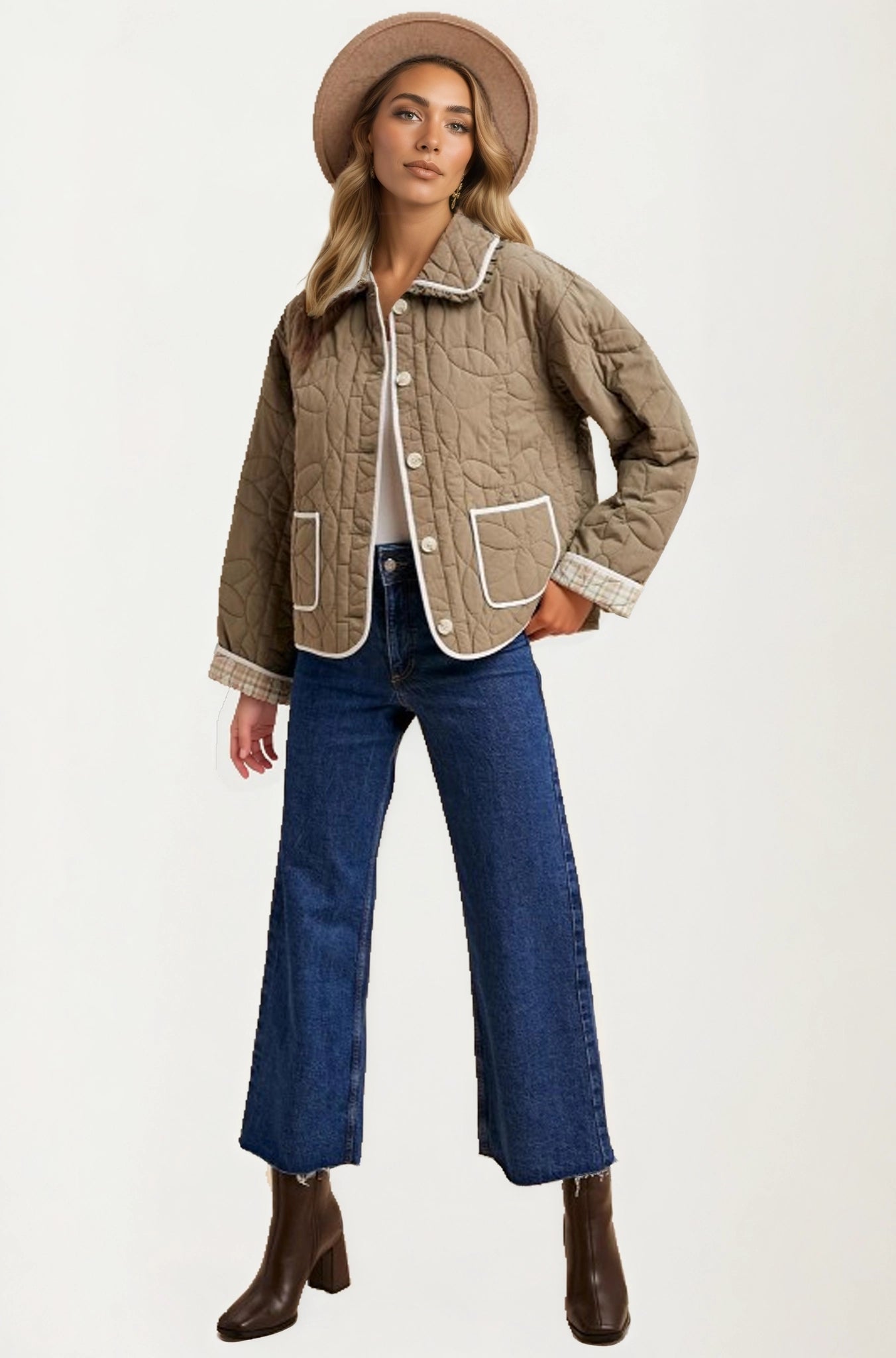 Quilted Button-Up Jacket with Contrast Trim and Pockets