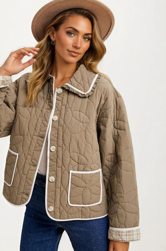 Quilted Button-Up Jacket with Contrast Trim and Pockets
