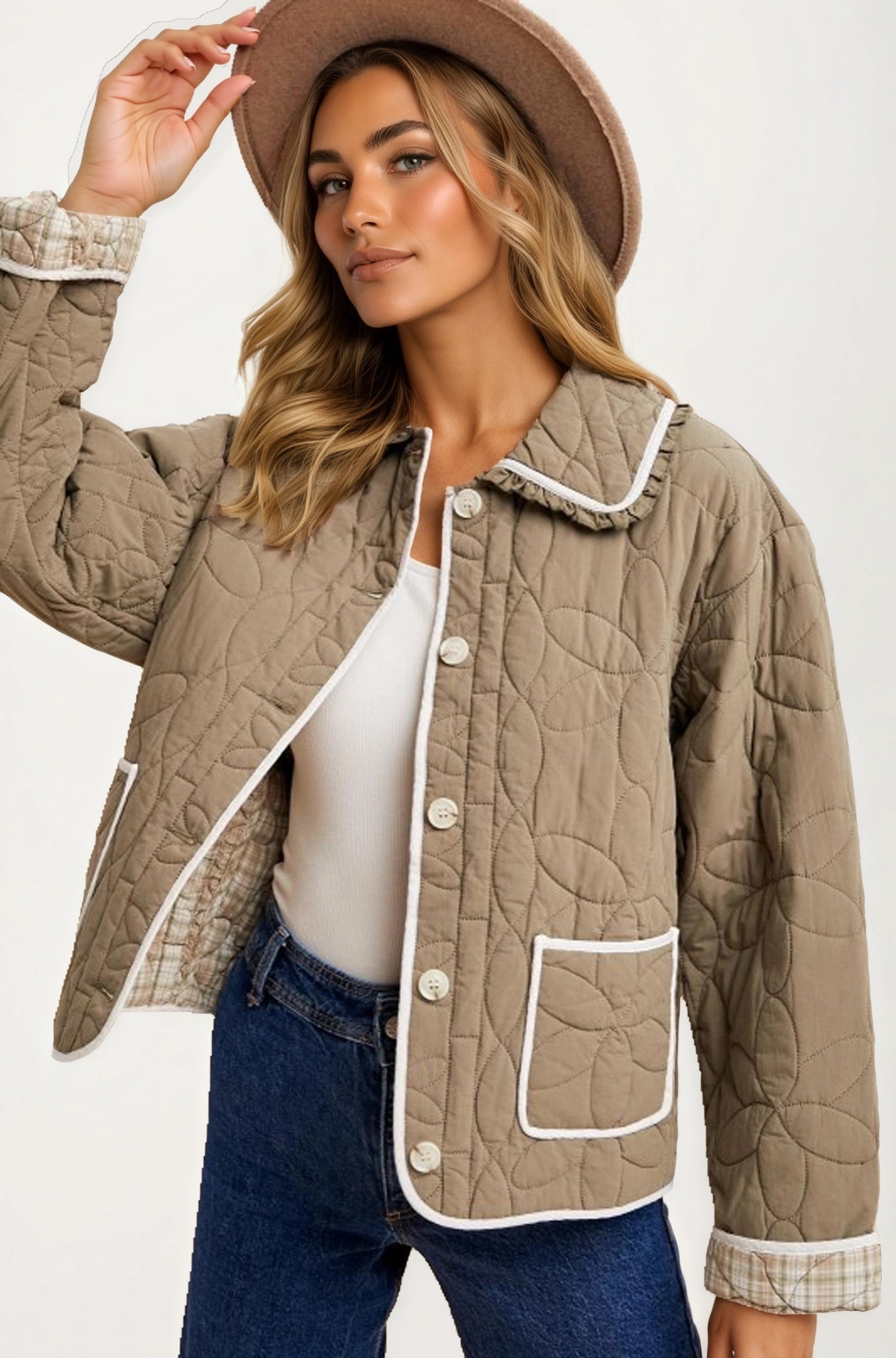Quilted Button-Up Jacket with Contrast Trim and Pockets