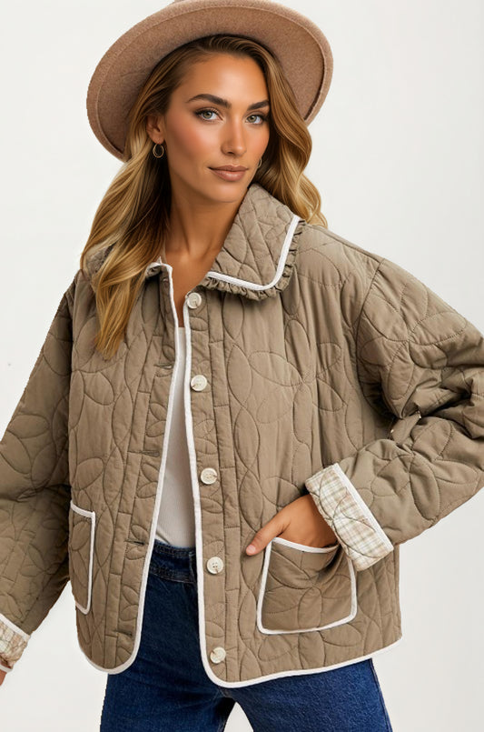 Quilted Button-Up Jacket with Contrast Trim and Pockets