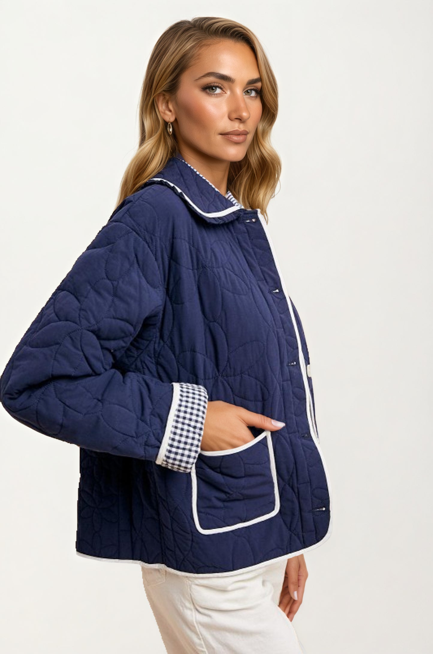 Quilted Button-Up Jacket with Contrast Trim and Pockets