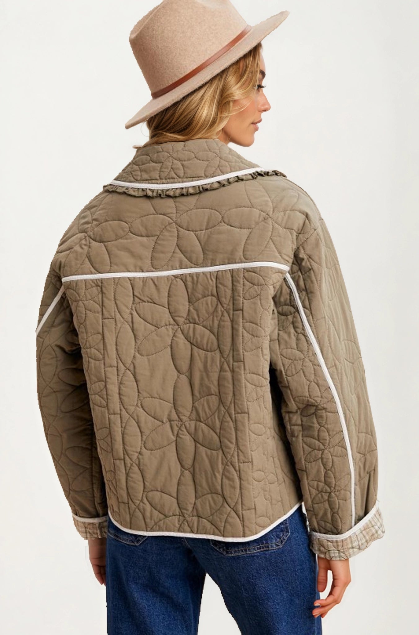 Quilted Button-Up Jacket with Contrast Trim and Pockets