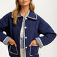 Quilted Button-Up Jacket with Contrast Trim and Pockets