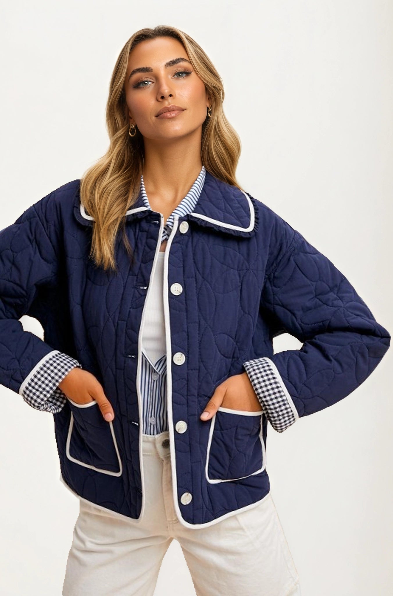 Quilted Button-Up Jacket with Contrast Trim and Pockets