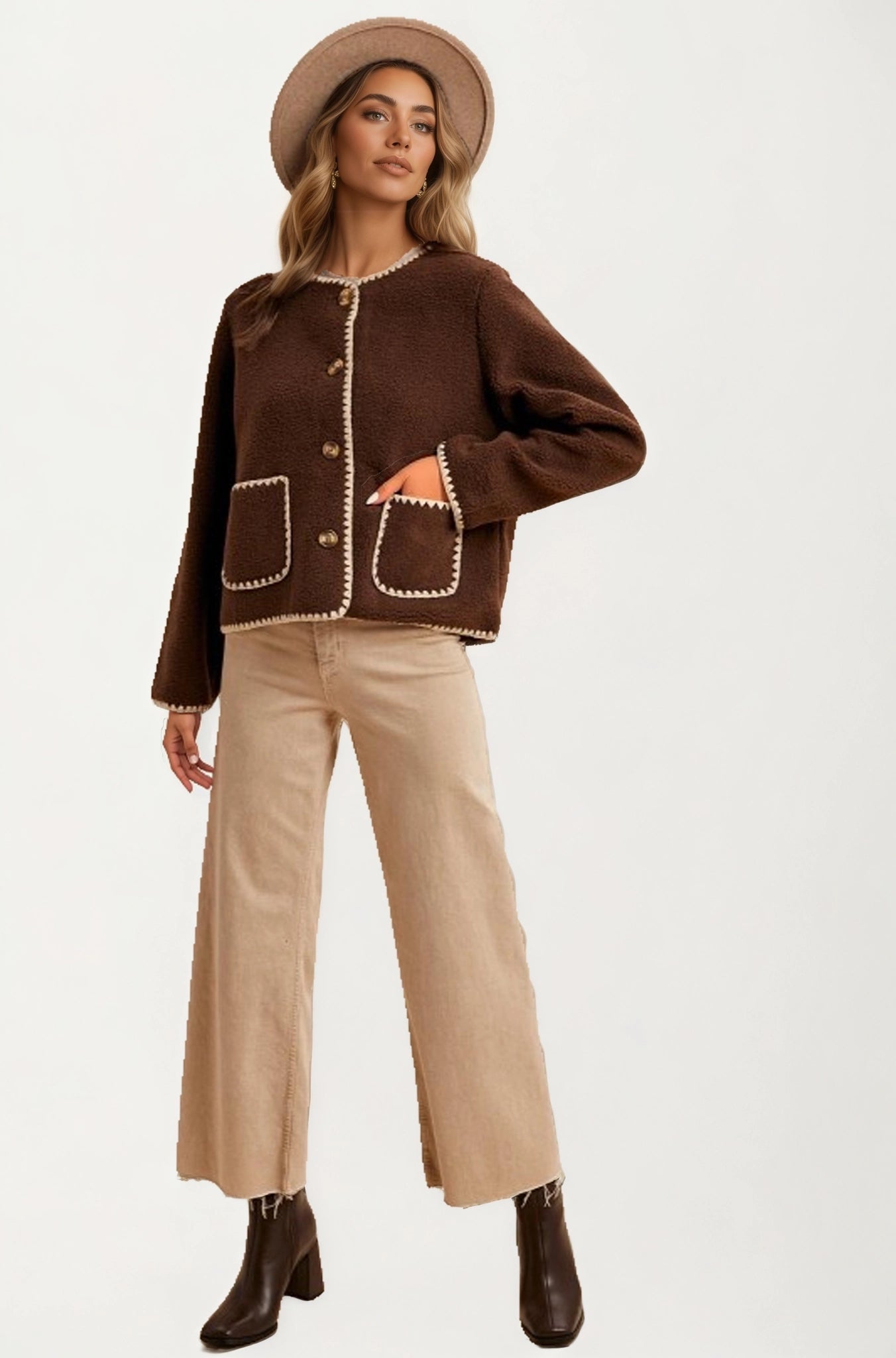 Button Front Fleece Jacket with Contrast Trim and Pockets