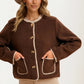 Button Front Fleece Jacket with Contrast Trim and Pockets