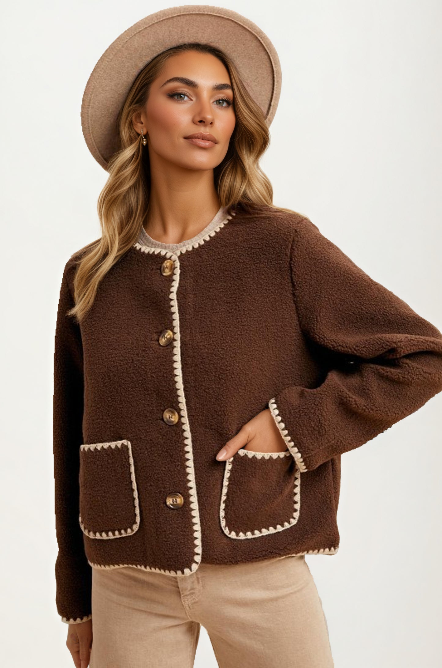 Button Front Fleece Jacket with Contrast Trim and Pockets