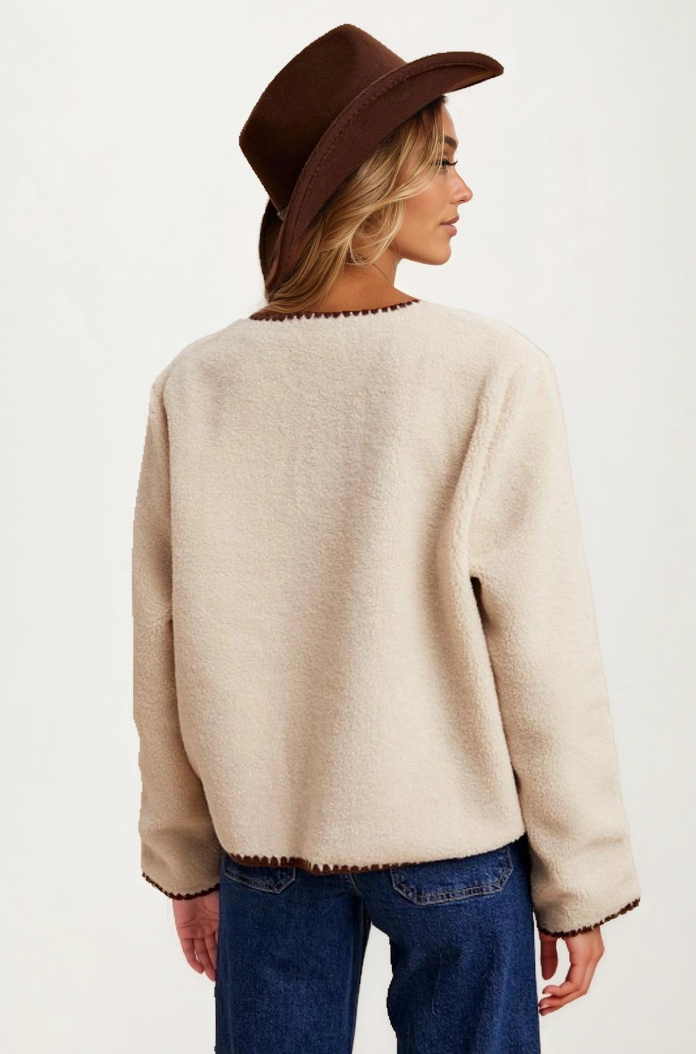 Button Front Fleece Jacket with Contrast Trim and Pockets