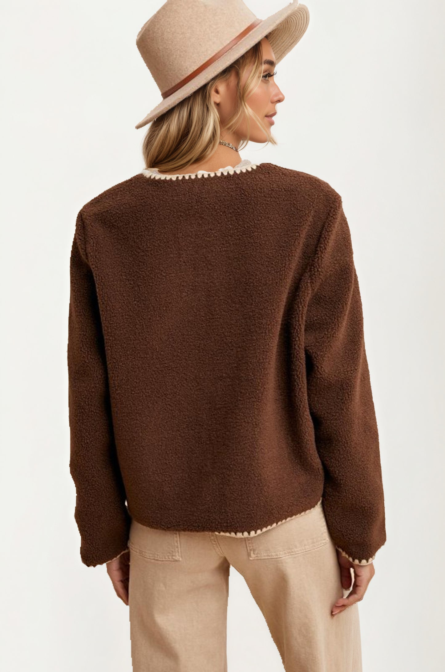 Button Front Fleece Jacket with Contrast Trim and Pockets