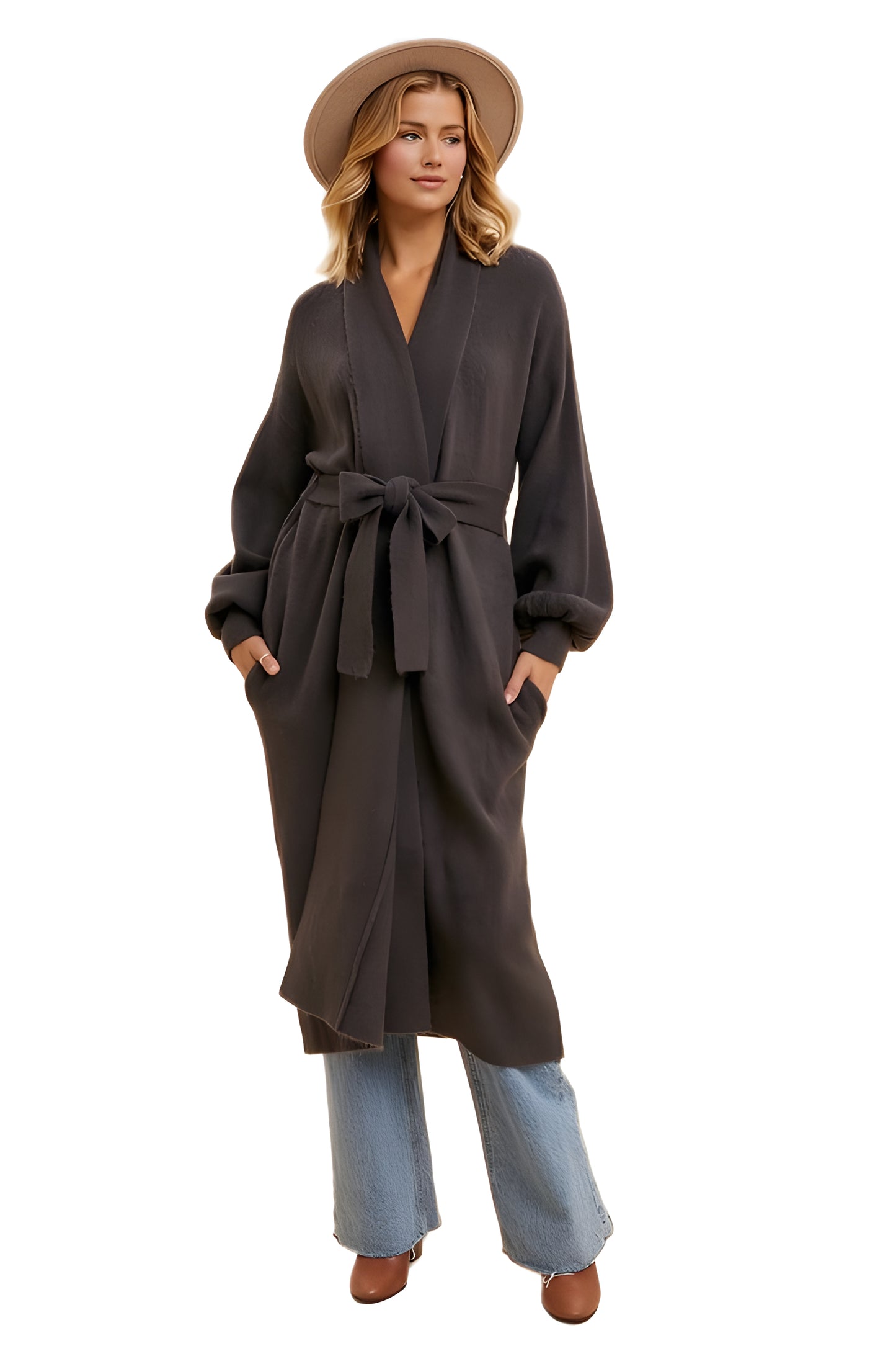 Longline Black Coat With Wide Sleeves And Tie-Waist Closure