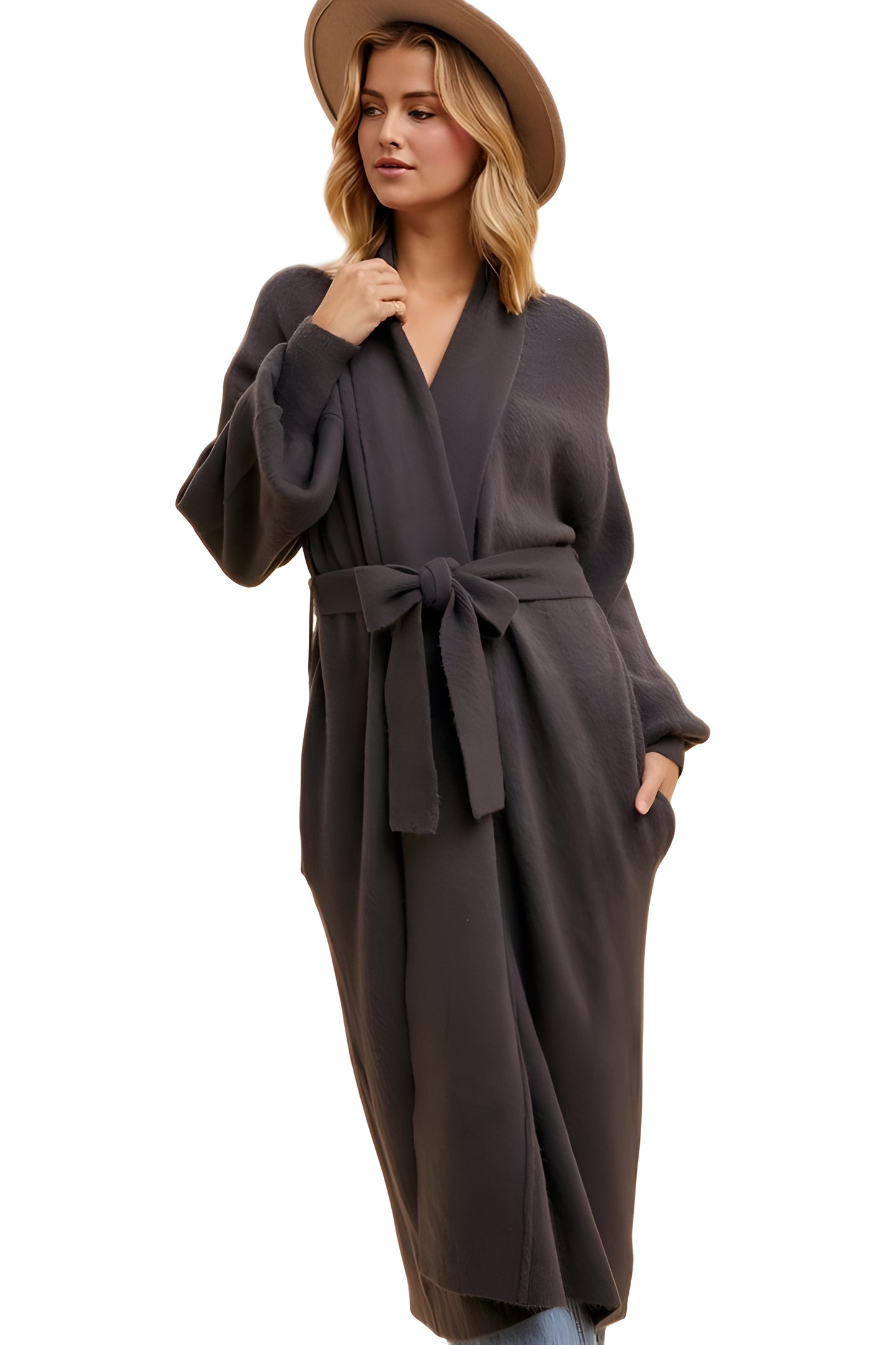 Longline Black Coat With Wide Sleeves And Tie-Waist Closure