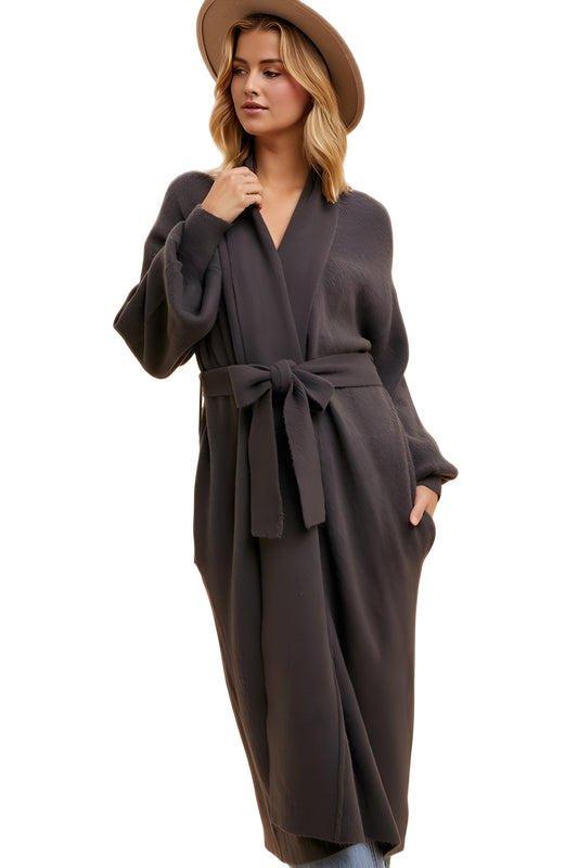 Longline Black Coat With Wide Sleeves And Tie-Waist Closure
