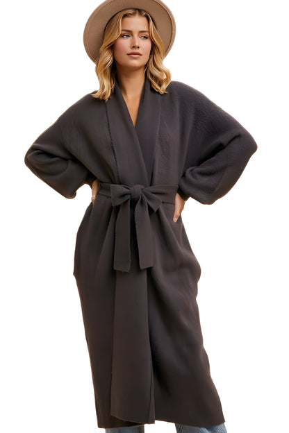 Longline Black Coat With Wide Sleeves And Tie-Waist Closure