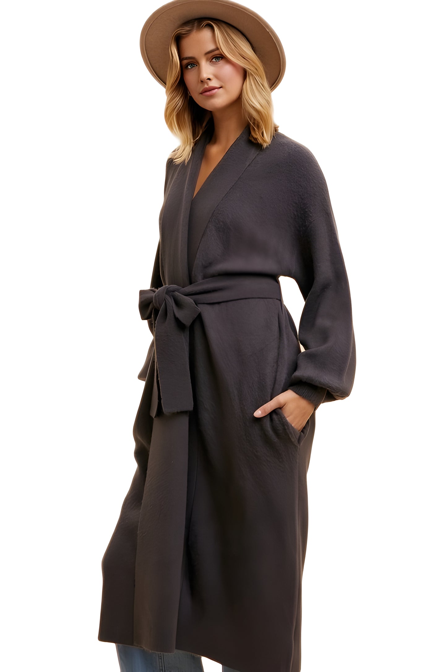 Longline Black Coat With Wide Sleeves And Tie-Waist Closure