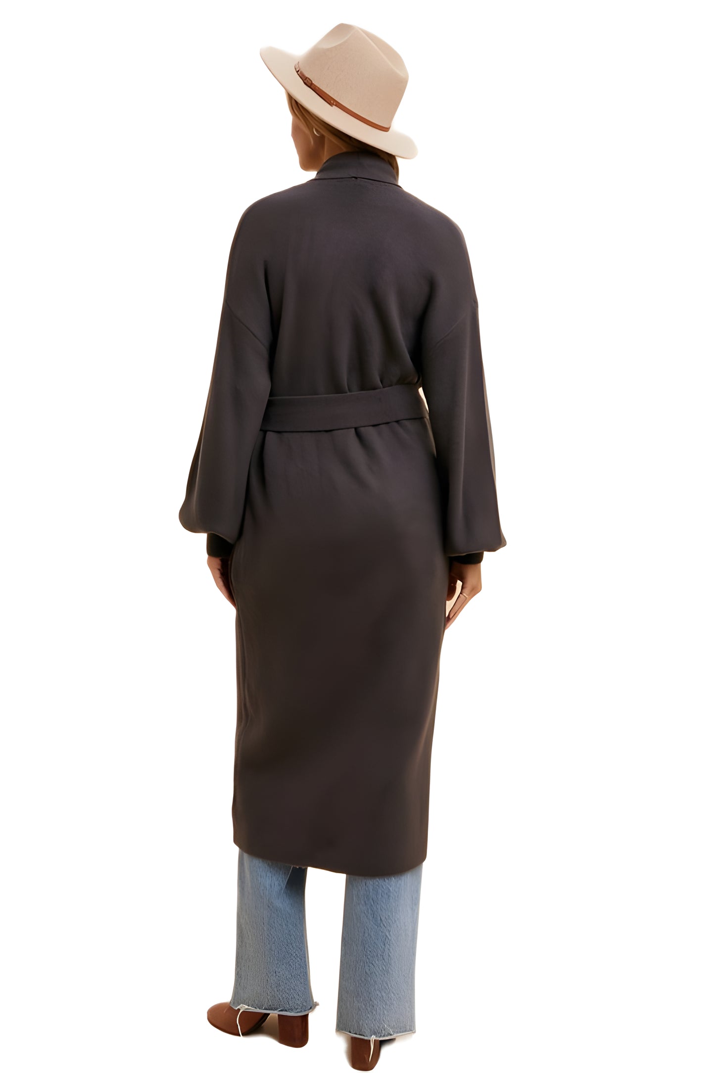 Longline Black Coat With Wide Sleeves And Tie-Waist Closure