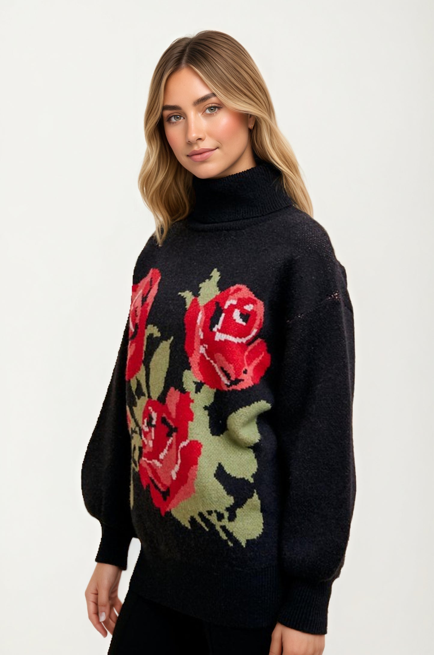 Black Turtleneck Sweater with Bold Red Rose Design