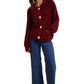 Chunky Wine Red Knit Cardigan with Gold Buttons and Front Pockets